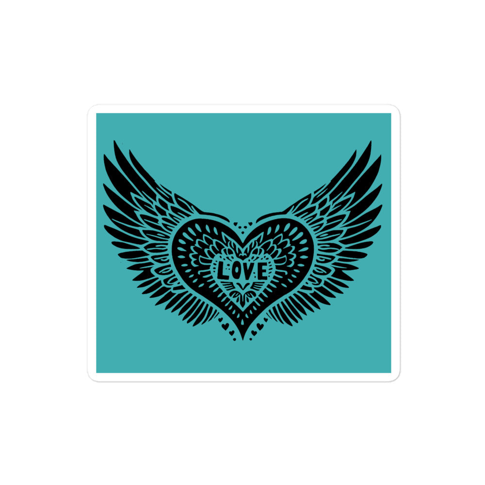 Winged Heart Block Print Bubble-free Stickers - Aqua