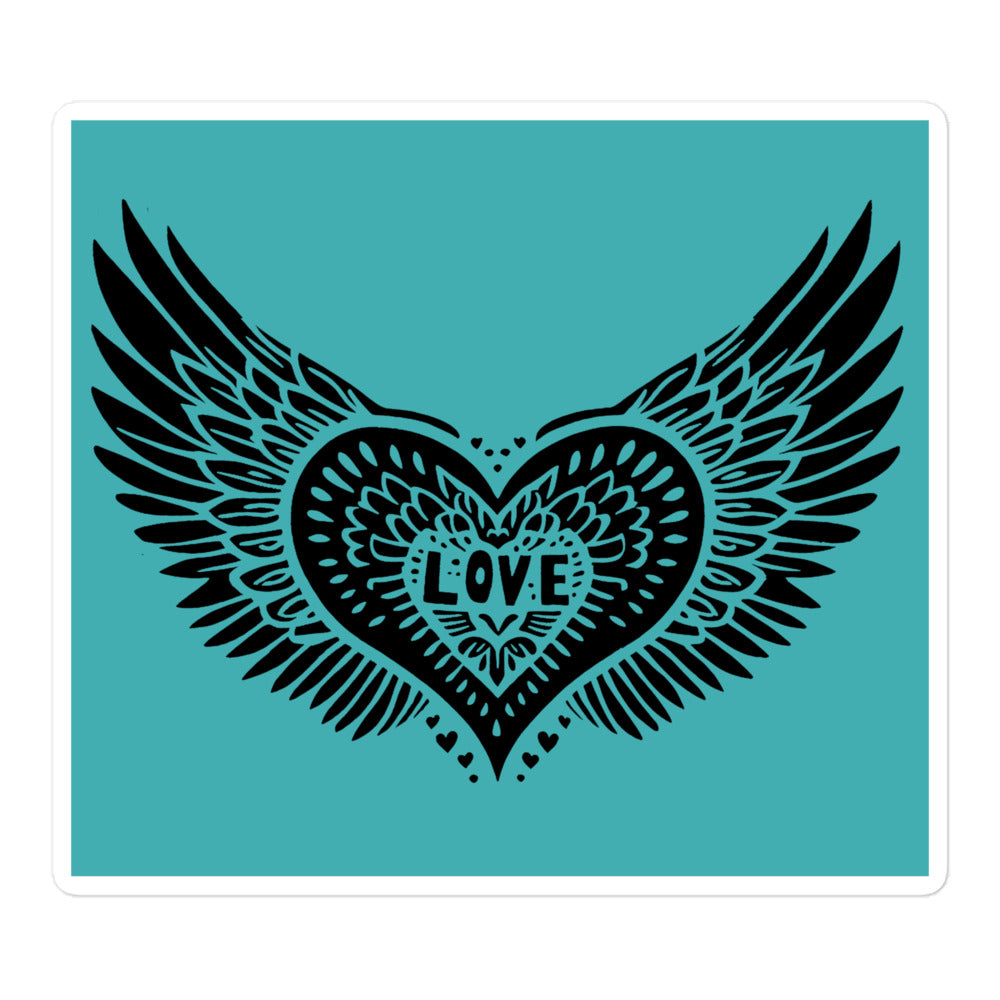 Winged Heart Block Print Bubble-free Stickers - Aqua