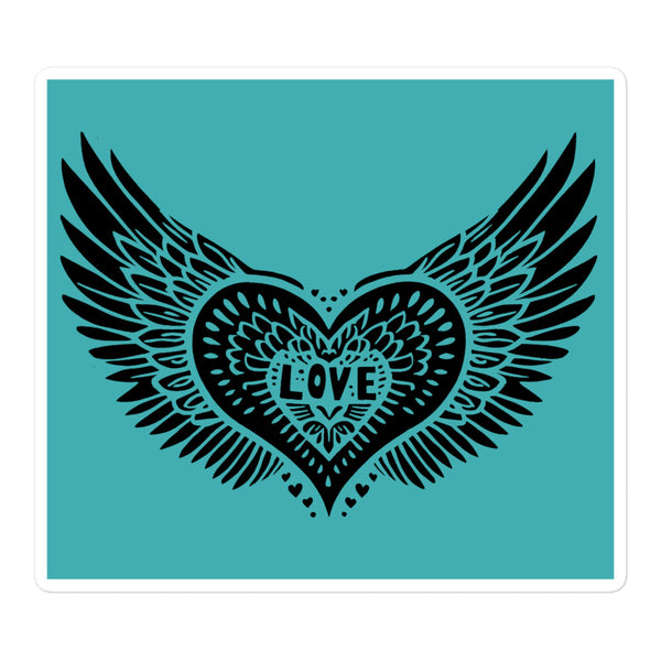 Winged Heart Block Print Bubble-free Stickers - Aqua