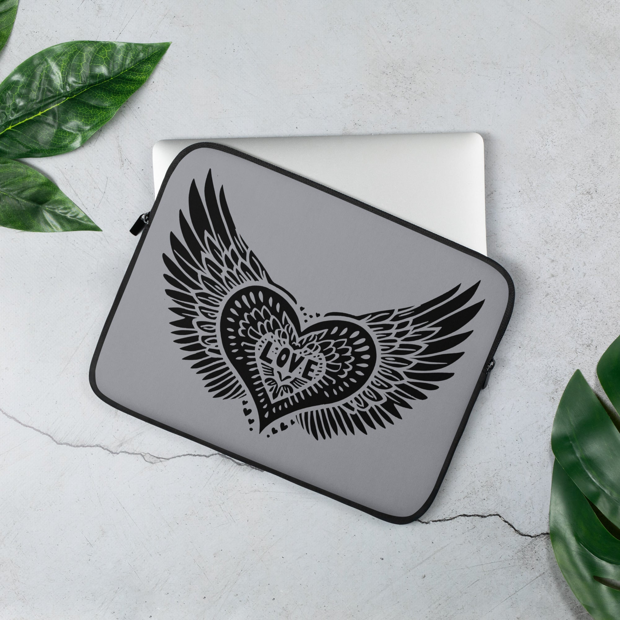 Winged Heart Block Print Laptop Sleeve - Grey