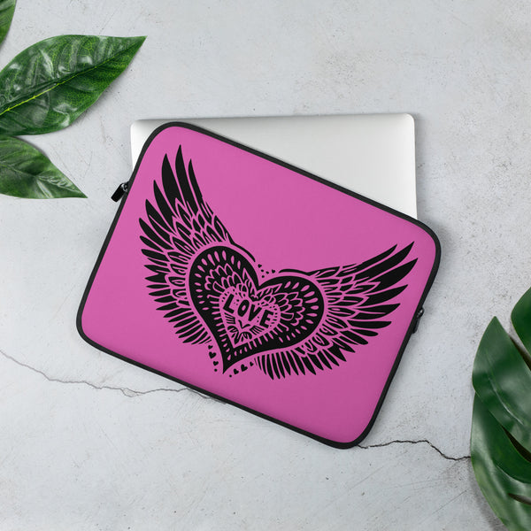 Winged Heart Block Print Laptop Sleeve - Pink