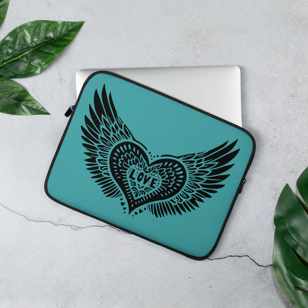 Winged Heart Block Print Laptop Sleeve - Aqua