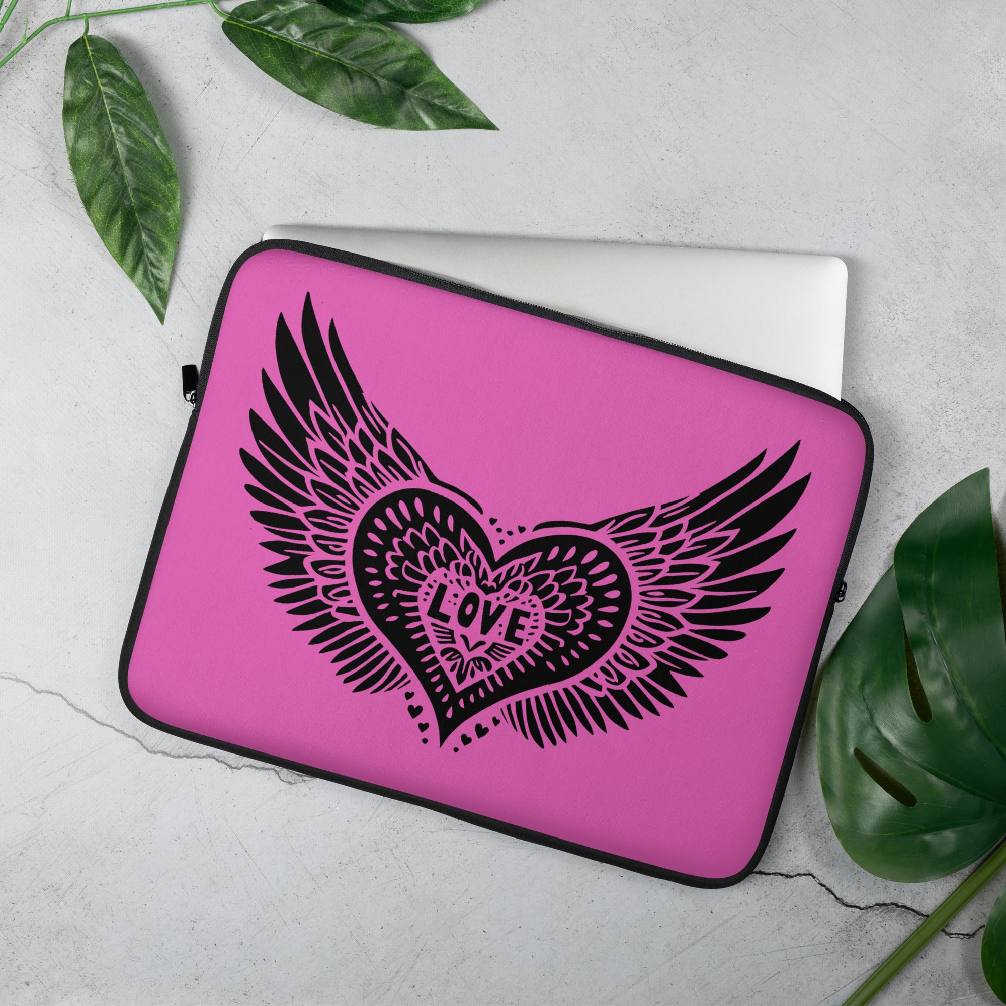 Winged Heart Block Print Laptop Sleeve - Pink