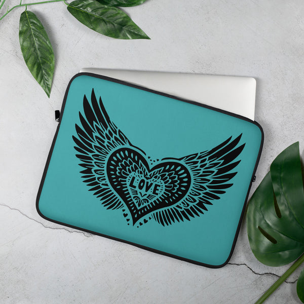 Winged Heart Block Print Laptop Sleeve - Aqua