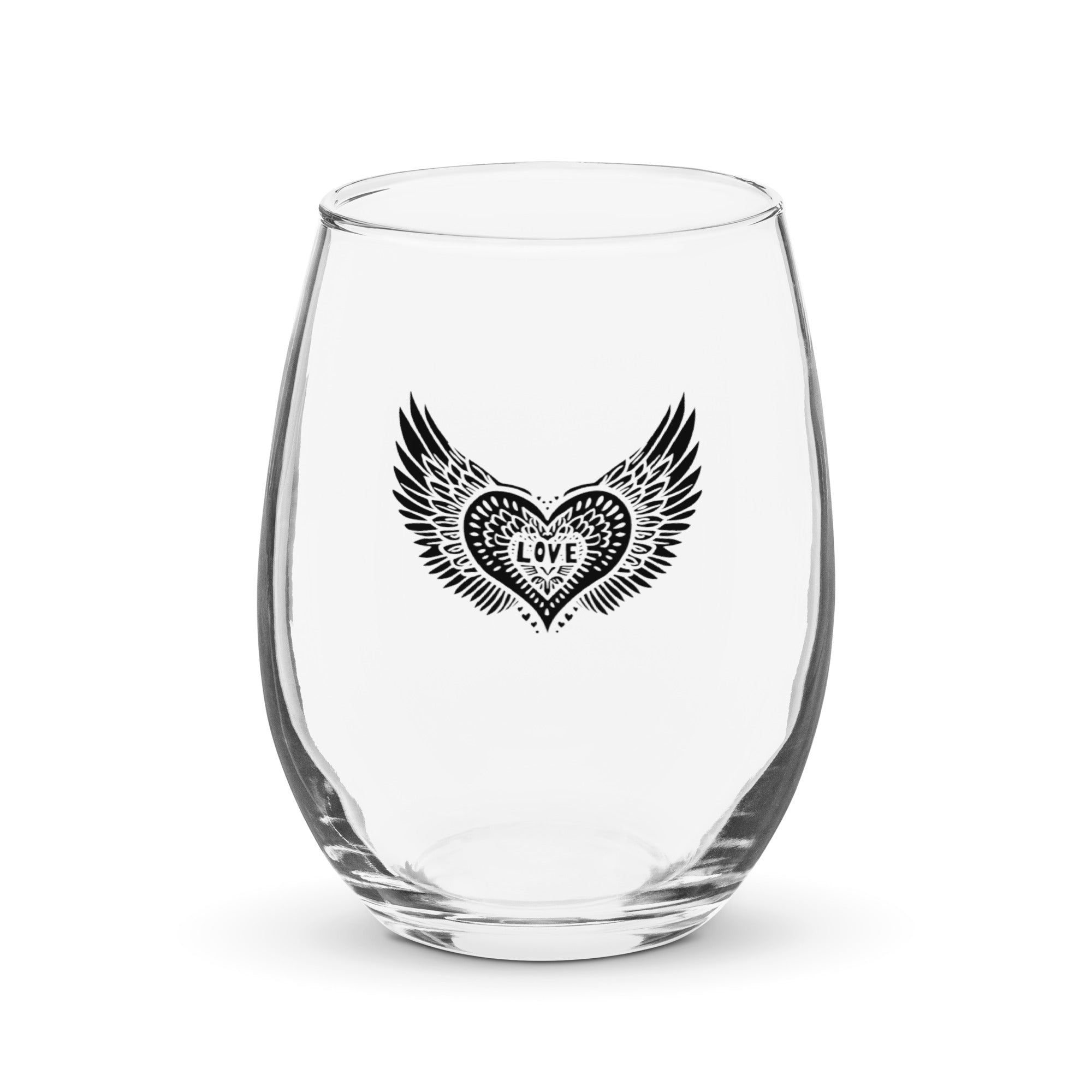 Winged Heart Block Print Stemless Wine Glass