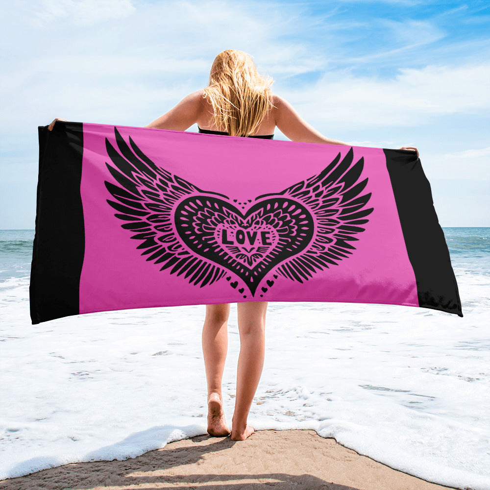 Winged Heart Block Print Towel - Pink