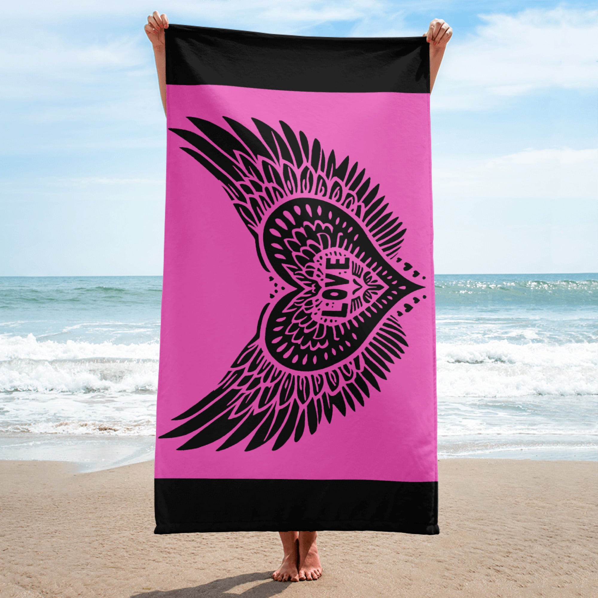 Winged Heart Block Print Towel - Pink