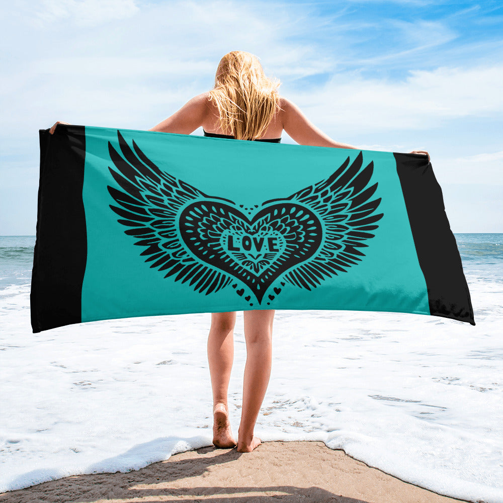 Winged Heart Block Print Towel - Aqua