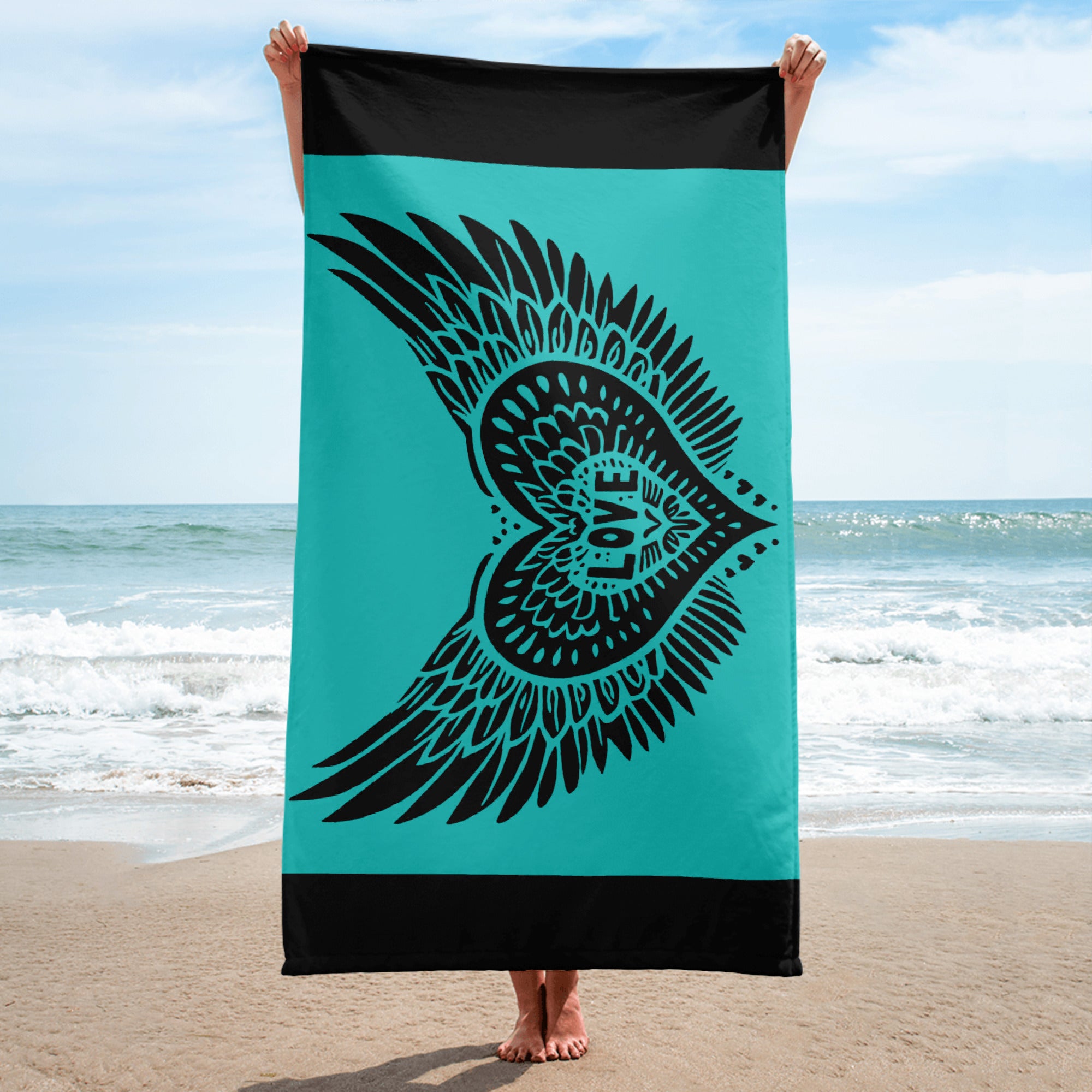 Winged Heart Block Print Towel - Aqua