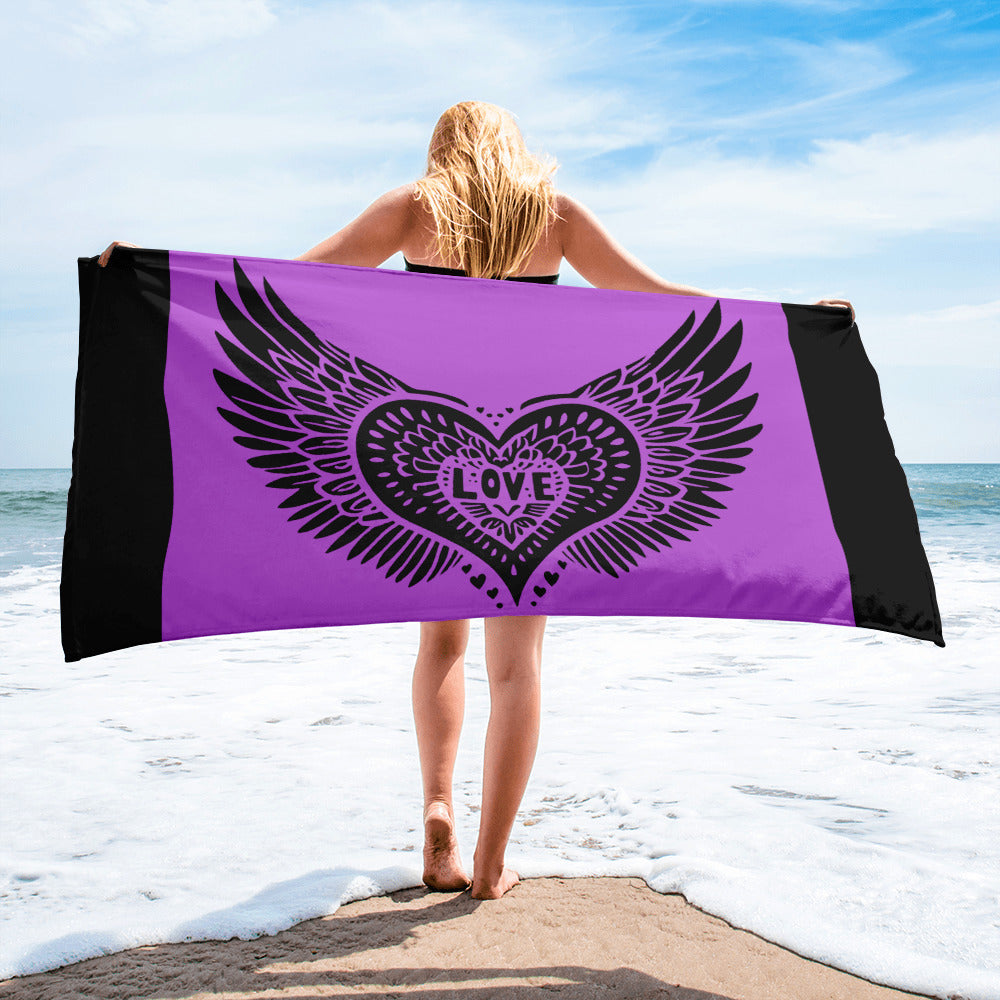 Winged Heart Block Print Towel - Purple