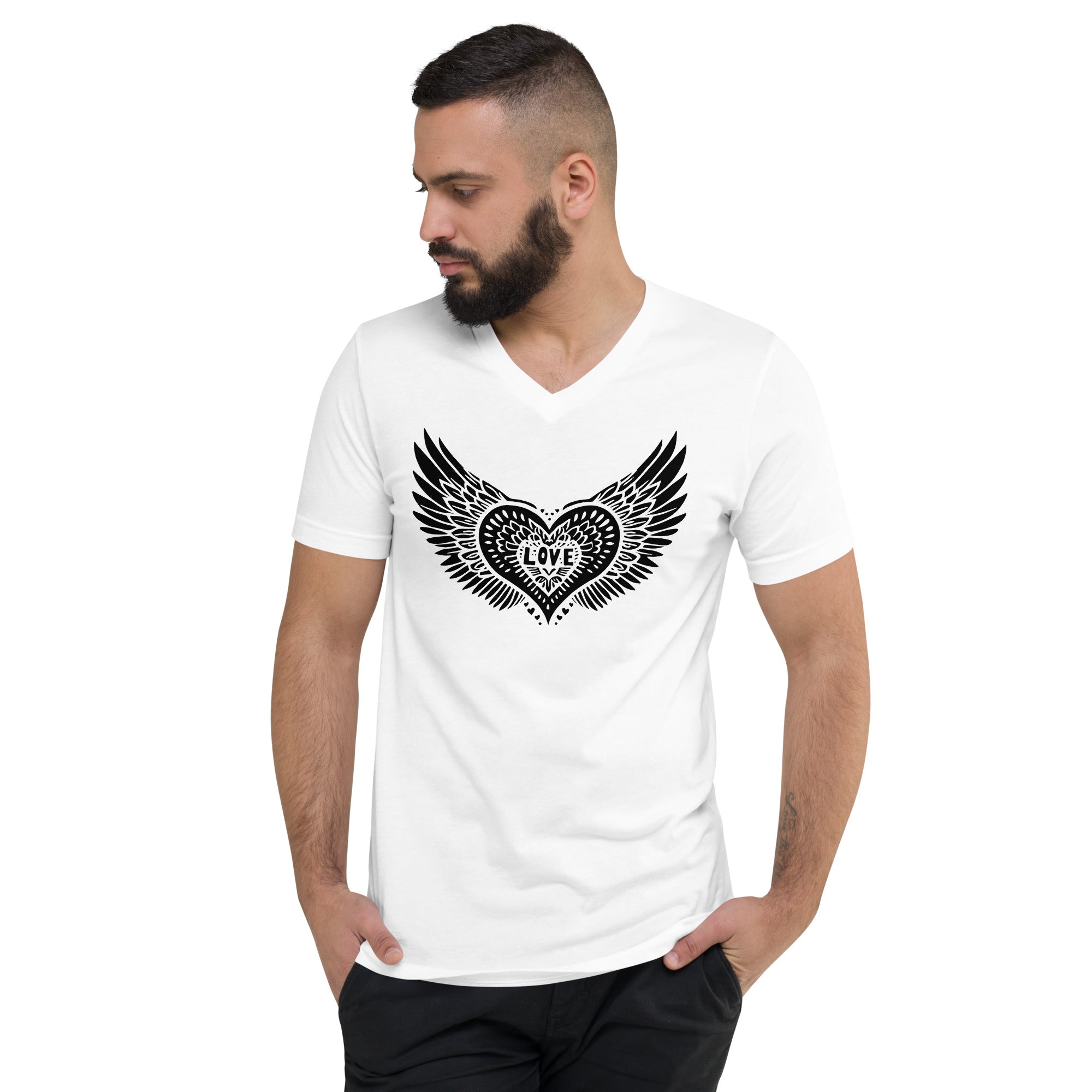 Winged Heart Block Print Short Sleeve V-Neck Tee