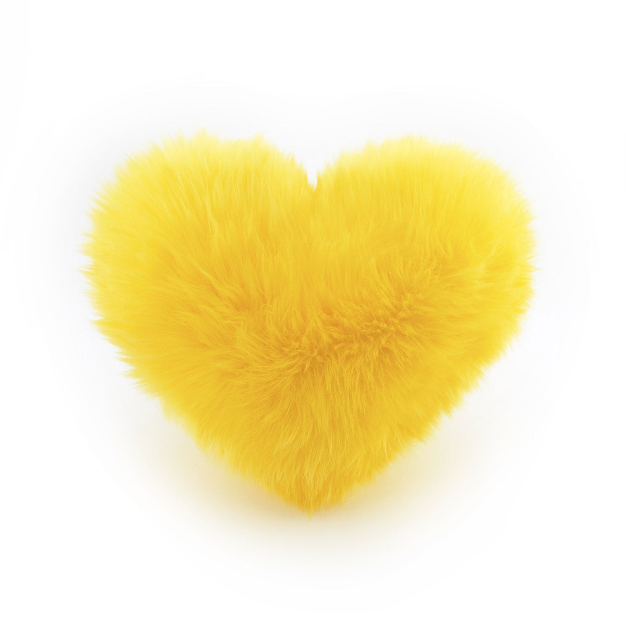 A bright Yellow faux fur heart shaped decorative pillow.
