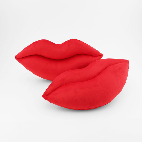 A pair of Scarlet Red lips shaped decorative pillows.